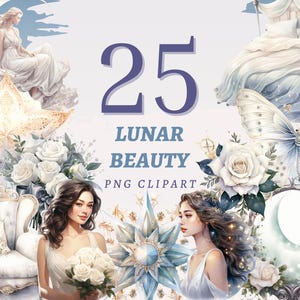 25 Clipart di Bellezza Lunare, PNG trasparenti di alta qualità, download immediato, uso commerciale - Set di stampe della Dea della Luna, Clipart fantasy
