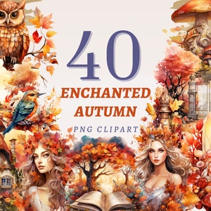 40 cliparts automne enchanté, PNG transparents de haute qualité, téléchargement immédiat, usage commercial - conceptions de contes forestiers, graphique de forêt fantastique