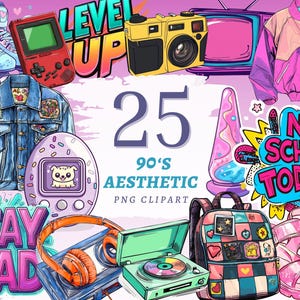 May include: A digital illustration featuring a collection of 90's aesthetic PNG clipart. Includes a red handheld game console, a yellow camera, a pink and purple jacket, a denim jacket, a lava lamp, a backpack, and other retro items.