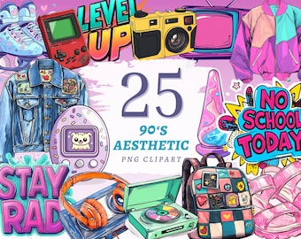 May include: A digital illustration featuring a collection of 90's aesthetic PNG clipart. Includes a red handheld game console, a yellow camera, a pink and purple jacket, a denim jacket, a lava lamp, a backpack, and other retro items.
