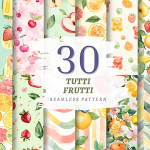 Patrón sin costuras de Tutti Frutti, papel digital de frutas de colores, mosaico de fondo de comida de verano, descarga digital