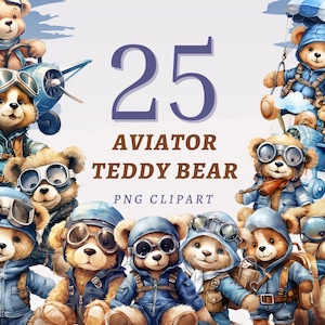 25 clipart de urso de pelúcia aviador, PNGs transparentes de alta qualidade, download instantâneo, uso comercial - ursos piloto de berçário, estampas de brinquedos azuis fofos