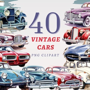 40 Vintage Cars Clipart, High Quality Transparent PNGs, Instant Download, Commercial Use - Historic Vehicles printables, Car Illustrations