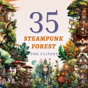May include: A digital illustration featuring a steampunk forest theme. The image includes a variety of elements such as a rabbit and a fox with clockwork details, whimsical houses, and the text "35 STEAMPUNK FOREST PNG CLIPART". The color palette is rich with greens, browns, and golds.