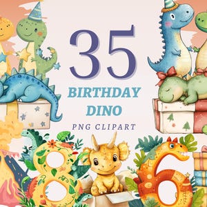 35 Dino Birthday Party Clipart aquarelle dinosaure PNGs avec des ballons, des chiffres, des fleurs et des oeuvres d'art pour chambre d'enfants, ensemble de téléchargement imprimable pour fête des enfants