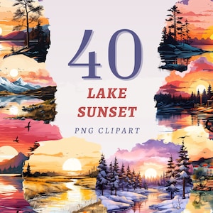 40 Lake Sunset Clipart, Wysokiej Jakości Przezroczyste PNG, Natychmiastowe Pobieranie, Wykorzystanie Komercyjne - Zestaw Jezior Akwarelowych, Piękne Zachody Słońca Wydruki