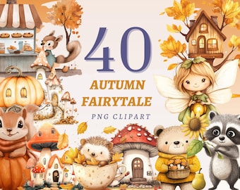 May include: Watercolor illustration featuring the text "40 AUTUMN FAIRYTALE PNG CLIPART." The image includes a fairy, squirrel, raccoon, bear, and hedgehog, along with mushroom houses, a pumpkin, and autumn leaves. The overall theme is a whimsical autumn scene.