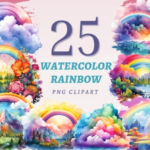 25 cliparts aquarelle arc-en-ciel, PNG transparents de haute qualité, téléchargement immédiat, usage commercial - impressions de paysages colorés, graphique de chambre d'enfant