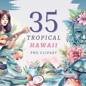 K&ouml;nnte beinhalten: Ein Set mit 35 Aquarell-Illustrationen mit tropischen hawaiianischen Motiven. Die Illustrationen zeigen eine Frau, die Gitarre spielt, ein Jetski, eine Schildkr&ouml;te, eine Maske, Blumen und eine Kokosnuss. Der Text "35 Tropical Hawaii PNG Clipart" ist ebenfalls im Bild enthalten.