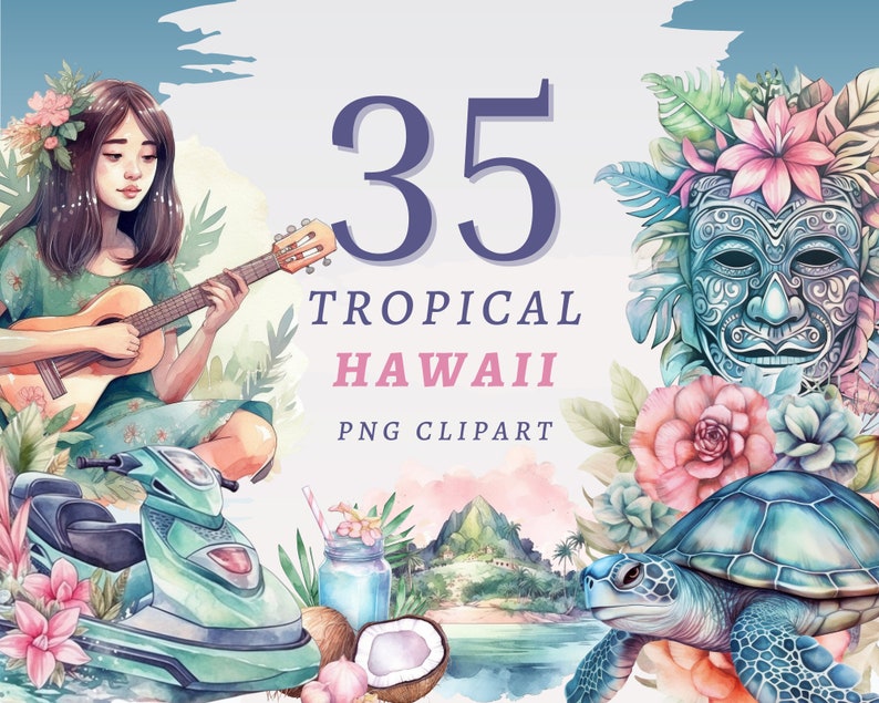 K&ouml;nnte beinhalten: Ein Set mit 35 Aquarell-Illustrationen mit tropischen hawaiianischen Motiven. Die Illustrationen zeigen eine Frau, die Gitarre spielt, ein Jetski, eine Schildkr&ouml;te, eine Maske, Blumen und eine Kokosnuss. Der Text "35 Tropical Hawaii PNG Clipart" ist ebenfalls im Bild enthalten.