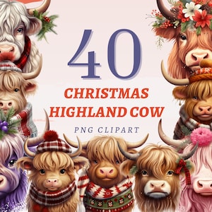 40 Clipart di mucche di Natale delle Highlands, PNG trasparenti di alta qualità, download immediato, uso commerciale - Disegni Merry Moo, mucche di Natale stampabili