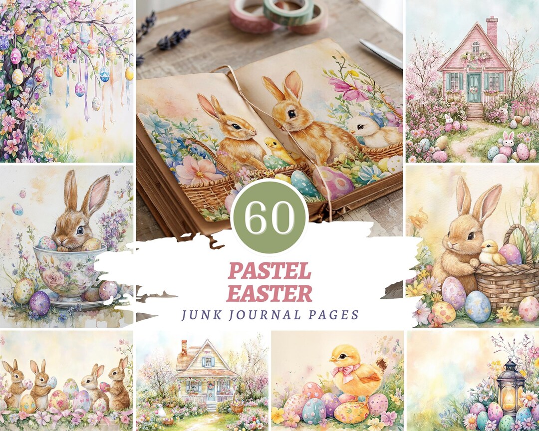 Pastel Easter Junk Journal Pages, Spring Bunny Floral Printable Kit ...