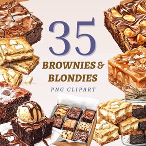 May include: 35 Watercolor illustrations of brownies and blondies. The images are in a variety of styles, including some with chocolate chips, nuts, and caramel.