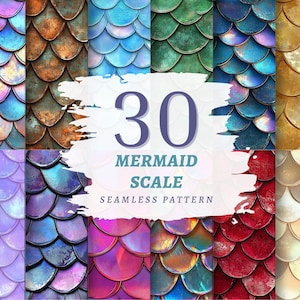 Peut inclure: Une collection de 30 motifs sans couture d'écailles de sirène dans diverses couleurs, dont le bleu, le vert, l'or et le violet. Les motifs présentent un motif d'écailles superposées et répétitives. Le texte "30 MERMAID SCALE SEAMLESS PATTERN" est superposé à l'image.
