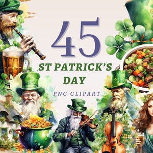 45 cliparts de la Saint-Patrick, PNG transparents de haute qualité, téléchargement immédiat, usage commercial - ensemble de trèfle à quatre feuilles, illustrations irlandaises,