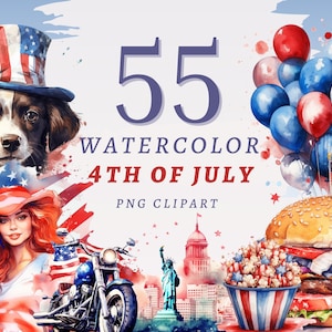 55 Aquarelle 4 juillet Clipart, PNG transparents de haute qualité, Téléchargement instantané, Utilisation commerciale - Célébration des États-Unis, Graphiques de la liberté