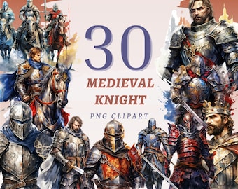 May include: A digital art collection featuring 30 medieval knight PNG clipart images. The illustrations showcase knights in full armor, some on horseback, with swords and helmets. The color palette includes blues, reds, and golds.