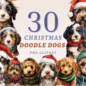 30 świątecznych psów Doodle Clipart, wysokiej jakości przezroczyste PNG, natychmiastowe pobieranie, komercyjne wykorzystanie - Xmas Pets Bundle, Doodle Dog Printables