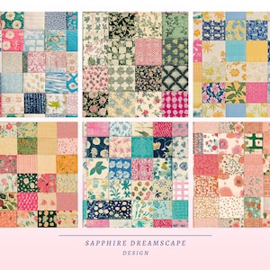 May include: Six patchwork quilt designs featuring a variety of floral and patterned fabrics in squares. The color palette includes pinks, blues, greens, and yellows. The text "SAPPHIRE DREAMSCAPE DESIGN" is at the bottom.