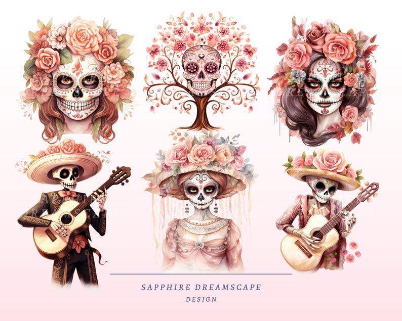 40 pastellfärgade Día de Los Muertos Clipart, högkvalitativa transparenta PNG-bilder, omedelbar nedladdning, kommersiell användning - Day of the dead-paket, boho-tryck bild 5