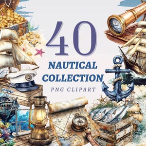 Puede incluir: Una colección de 40 ilustraciones de acuarela con temática náutica. Las ilustraciones incluyen un barco, un ancla, una brújula, un cofre del tesoro, una linterna, un telescopio, peces y un mapa. Las ilustraciones son perfectas para scrapbooking, creación de tarjetas y otros proyectos de manualidades.