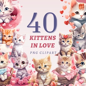 40 gatitos enamorados (imágenes prediseñadas, PNG transparentes de alta calidad, descarga instantánea, uso comercial) - Impresiones de gatos de San Valentín, conjunto de diseños de parejas de gatos