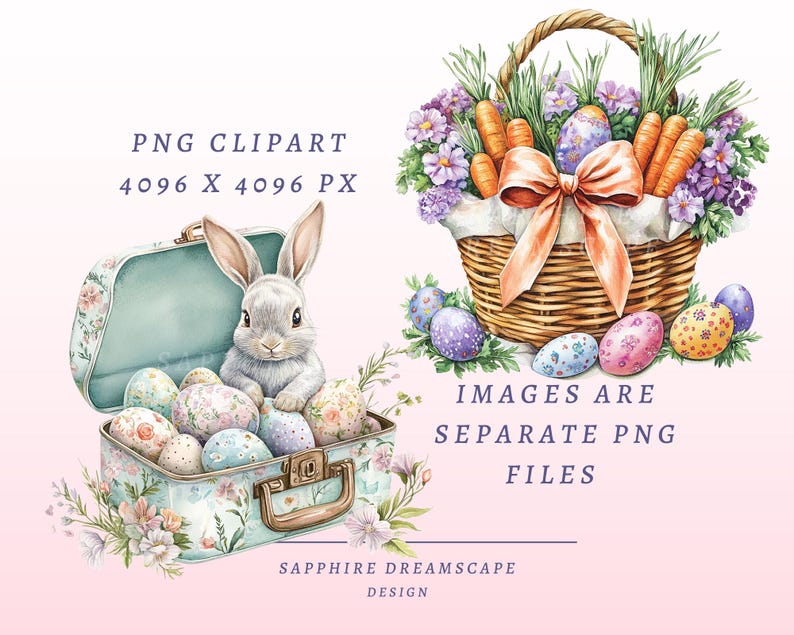 50 Pastel Easter Clipart Watercolor Bunny Eggs Spring Floral PNG Set ...