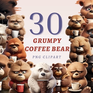 Puede incluir: 30 ilustraciones digitales de osos gruñones tomando café. Los osos son marrones, negros y blancos y tienen diferentes expresiones. Las ilustraciones están en formato PNG y son perfectas para agregar un toque de humor a tus proyectos.