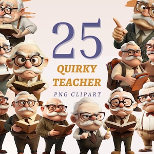 25 Quirky Teacher Clipart Cartoon Professor Printable Artwork Grumpy Old Man with Mustache Designs Animated Character Einstein Inspired Set