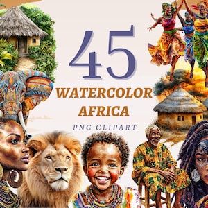 45 Clipart acquerello Africa, PNG trasparenti di alta qualità, download immediato, uso commerciale - Grafica della cultura africana, stampabili tribali