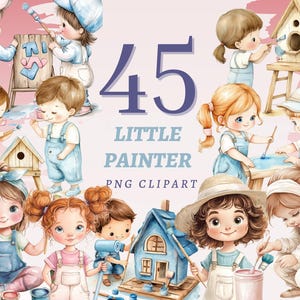 May include: A watercolour clipart set of 45 little painters, each shown painting birdhouses and signs with paintbrushes. The image has a soft, pastel colour palette with the text "45 LITTLE PAINTER PNG CLIPART".