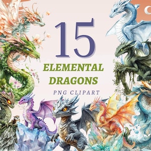 15 Clipart di draghi elementali ad acquerello: Pacchetto di clipart di draghi D&D dai colori arcobaleno, PNG, per scrapbooking, uso commerciale, arte stampabile
