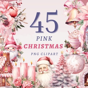 45 Clipart di Natale rosa, PNG trasparenti di alta qualità, Download istantaneo, Uso commerciale - Set di illustrazioni natalizie pastello, Natale stampabile