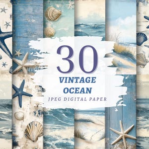 Carta digitale Vintage Ocean, JPG di alta qualità, download immediato, uso commerciale, pagina di album di ritagli con sabbia da spiaggia, diario nautico blu stampabile