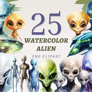 May include: A digital artwork showcasing 25 watercolour alien illustrations. The image presents diverse alien species in blue, green, yellow, and grey, alongside a UFO. Text reads "25 WATERCOLOR ALIEN PNG CLIPART."
