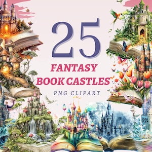 25 fantasieboekkastelen clipart magische open boeken met sprookjeskastelen png voor scrapbooking prints tijdschriften artwork storytime decoratie