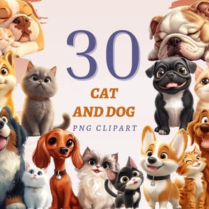 30 imágenes prediseñadas de gatos y perros, estilo Disney, ilustración de mascotas de Pixar, animadas, imprimibles, para amantes de los animales, creación de tarjetas, ilustraciones, refugio, arte digital para niños