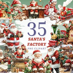 以下が含まれることがあります： サンタクロース、エルフ、電車が登場するサンタのワークショップのデジタルイラスト。画像には「35 SANTA'S FACTORY PNG CLIPART」と「North Pole Express」の文字が含まれています。カラーパレットには赤、緑、白が含まれています。