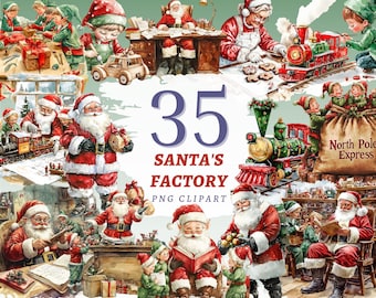 May include: A digital illustration of Santa's workshop with Santa Claus, elves, and trains. The image features the text "35 SANTA'S FACTORY PNG CLIPART" and "North Pole Express". The color palette includes red, green, and white.