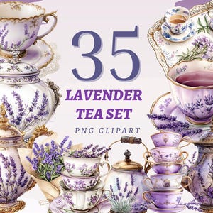 Op de afbeelding: Een digitale illustratie van een lavendel theeservies. De afbeelding toont kopjes, schotels, theepotten en een dienblad, versierd met lavendel takjes en bloemmotieven. De tekst "35 LAVENDER TEA SET PNG CLIPART" is ook zichtbaar.