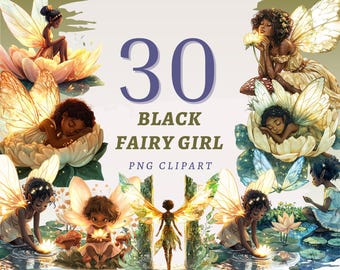 30 Black Fairy Girl Clipart, High Quality Transparent PNGs, Instant Download, Commercial Use - Whimsical Fairies art, Enchanted Fairytale