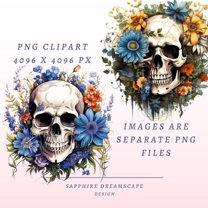 40 blommiga dödskallar Clipart, högkvalitativa transparenta PNG-bilder, omedelbar nedladdning, kommersiellt bruk - ben- och blomillustrationer, färgglad blomma bild 2
