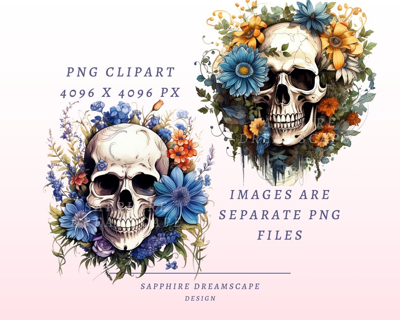 40 blommiga dödskallar Clipart, högkvalitativa transparenta PNG-bilder, omedelbar nedladdning, kommersiellt bruk - ben- och blomillustrationer, färgglad blomma bild 2