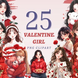 25 Valentine Girl Clipart, Wysokiej Jakości Przezroczyste PNG, Natychmiastowe Pobieranie, Użytek Komercyjny - Koreańska Dama wydruk, Przytulna Kobieta w Czerwieni i Bieli