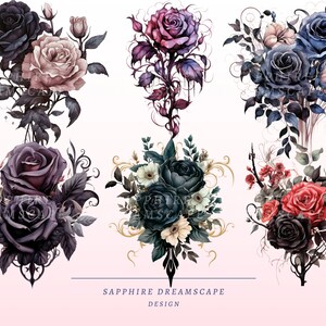 May include: Watercolor floral design featuring roses in various colors, including black, red, and blue. The image includes the text "SAPPHIRE DREAMSCAPE DESIGN" at the bottom, with ornate decorative elements.