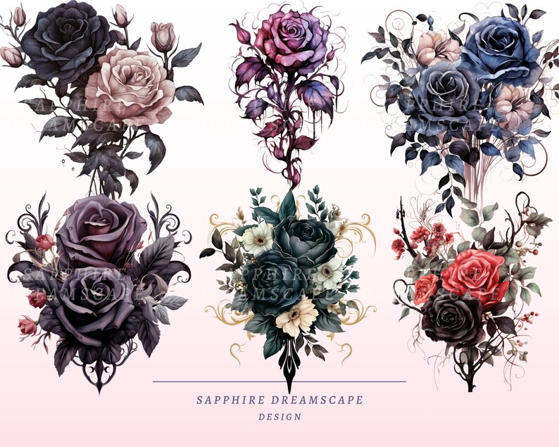 May include: Watercolor floral design featuring roses in various colors, including black, red, and blue. The image includes the text "SAPPHIRE DREAMSCAPE DESIGN" at the bottom, with ornate decorative elements.