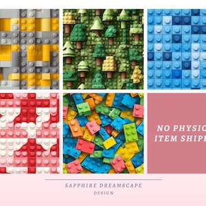May include: A collage of colorful, digitally rendered images featuring various arrangements of toy building blocks. The images showcase different patterns and designs, including a forest scene and abstract compositions. The text "NO PHYSICAL ITEM SHIPPED" is also present.