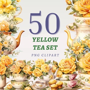 50 gele theeservies clipart, hoge kwaliteit transparante png's, instant download, commercieel gebruik - Tea Time png, aquarel bloemen theepotmok