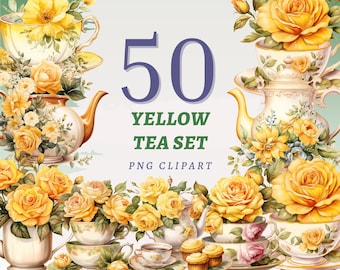 May include: A set of 50 yellow teacups, teapots, and saucers with floral designs. The teacups and saucers are decorated with yellow roses and green leaves. The teapots have a yellow floral design and a gold handle. The text "50 Yellow Tea Set PNG Clipart" is written in blue and white text.