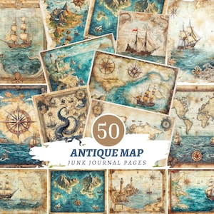 May include: A collection of 50 antique map junk journal pages featuring vintage nautical illustrations, sailing ships, compass roses, lighthouses, and world maps in shades of blue, beige, and brown with the text 50 ANTIQUE MAP JUNK JOURNAL PAGES.